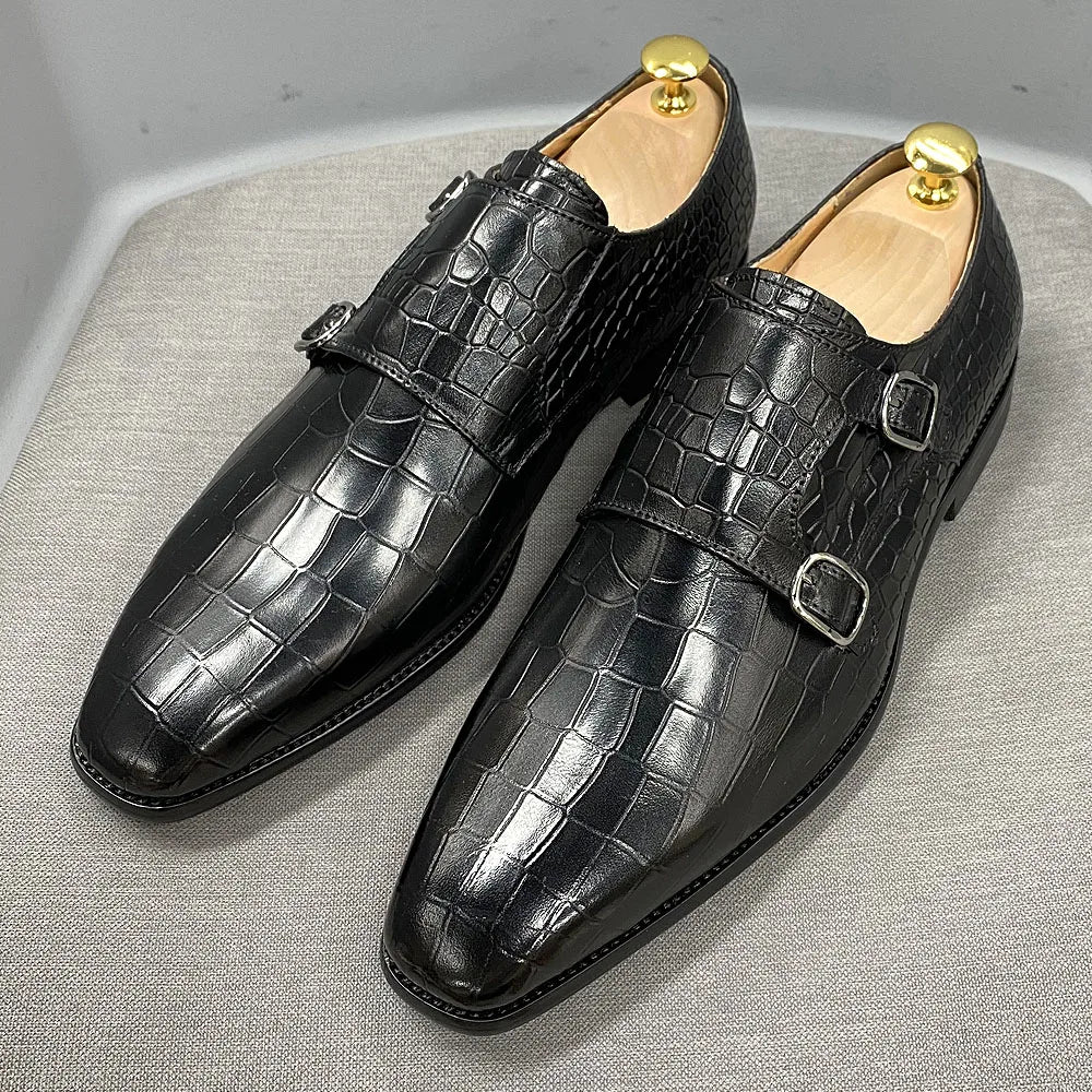 Big Size 12 Mens Monk Strap Dress Shoes Genuine Leather Luxury Crocodile Print Double Buckles Pointed Toe Wedding Shoes for Men WE offer 10% off and FREE SHIPPING
