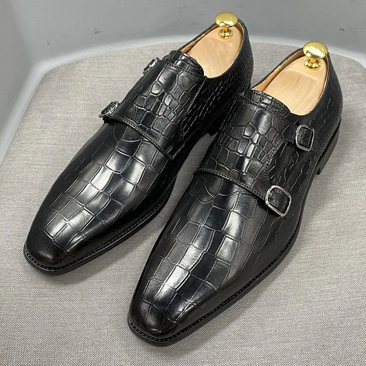 Big Size 12 Mens Monk Strap Dress Shoes Genuine Leather Luxury Crocodile Print Double Buckles Pointed Toe Wedding Shoes for Men WE offer 10% off and FREE SHIPPING