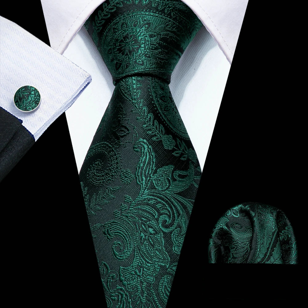 Fashion Silk Men Tie Green Teal Blue Solid Paisley Striped Plaid Floral Animal Necktie Handkerchief Cufflinks Set Barry. For Wedding