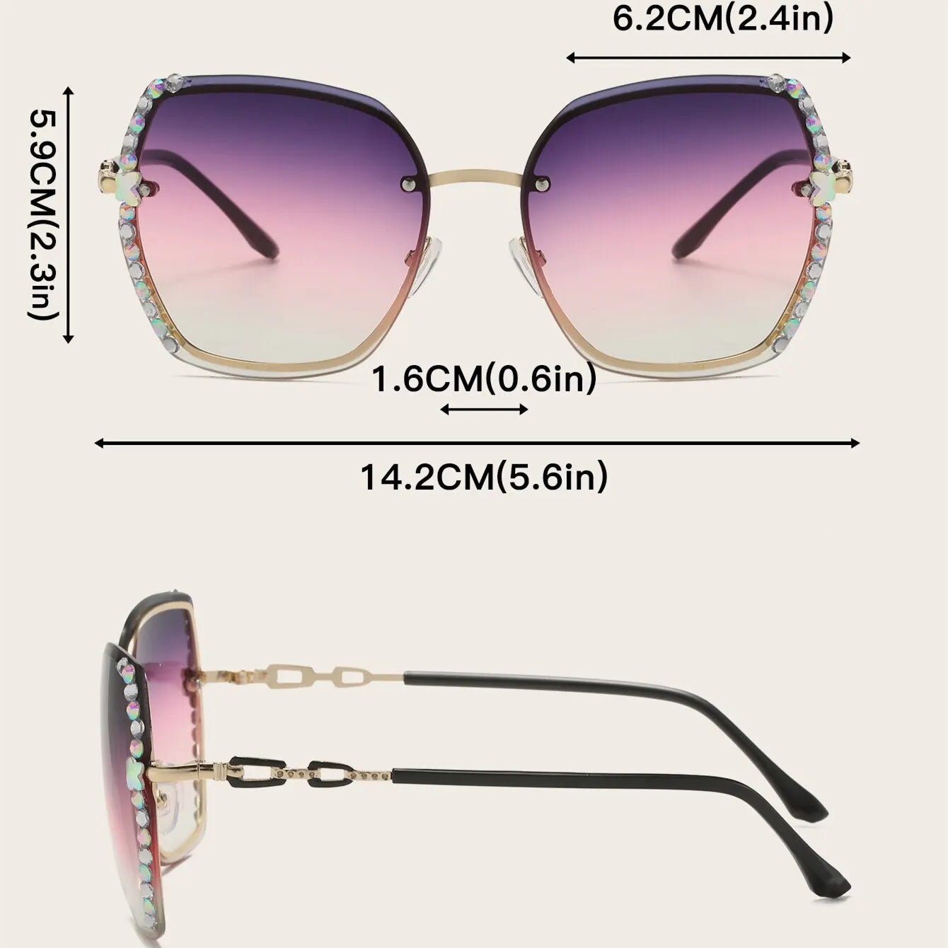 Summer Tme Rhinestone Decor Rimless Fashion Sunglasses For Women Men Casual Gradient Glasses For Summer Beach Party, UV400