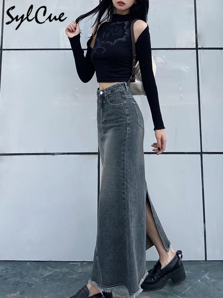 Sylcue Retro Classic All-Match Vitality Casual Commuter Outing Tight Sexy White Irregular Women'S Long Denim Skirt Girl Cool