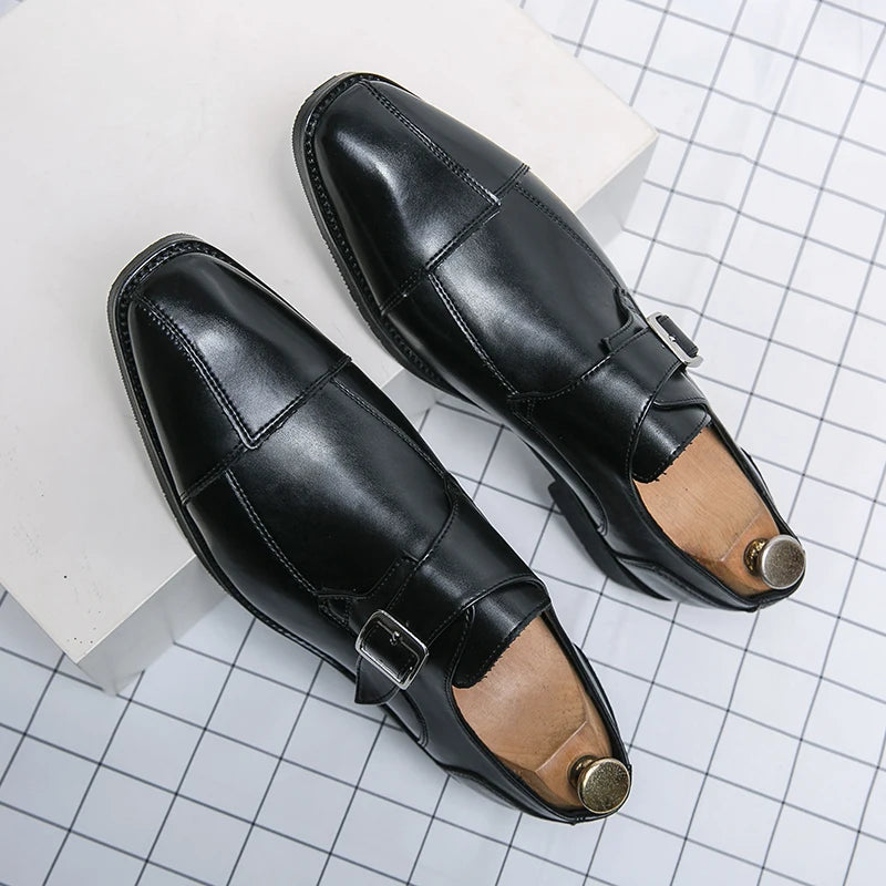 Brand new 2024-2025 Classic Monk Leather Man Shoes Color Block Round-Toe Buckle Business Dress Leather Shoes Man Casual Wedding Party Shoes For Man