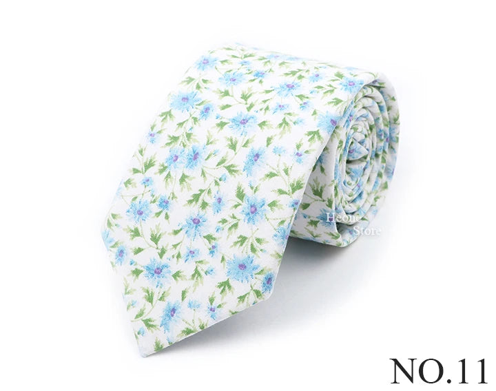 New Chic Floral Tie For Men 2025 100% Cotton Beautiful Elegant Flower Necktie White Blue Narrow Skinny Wedding Casual Cravat