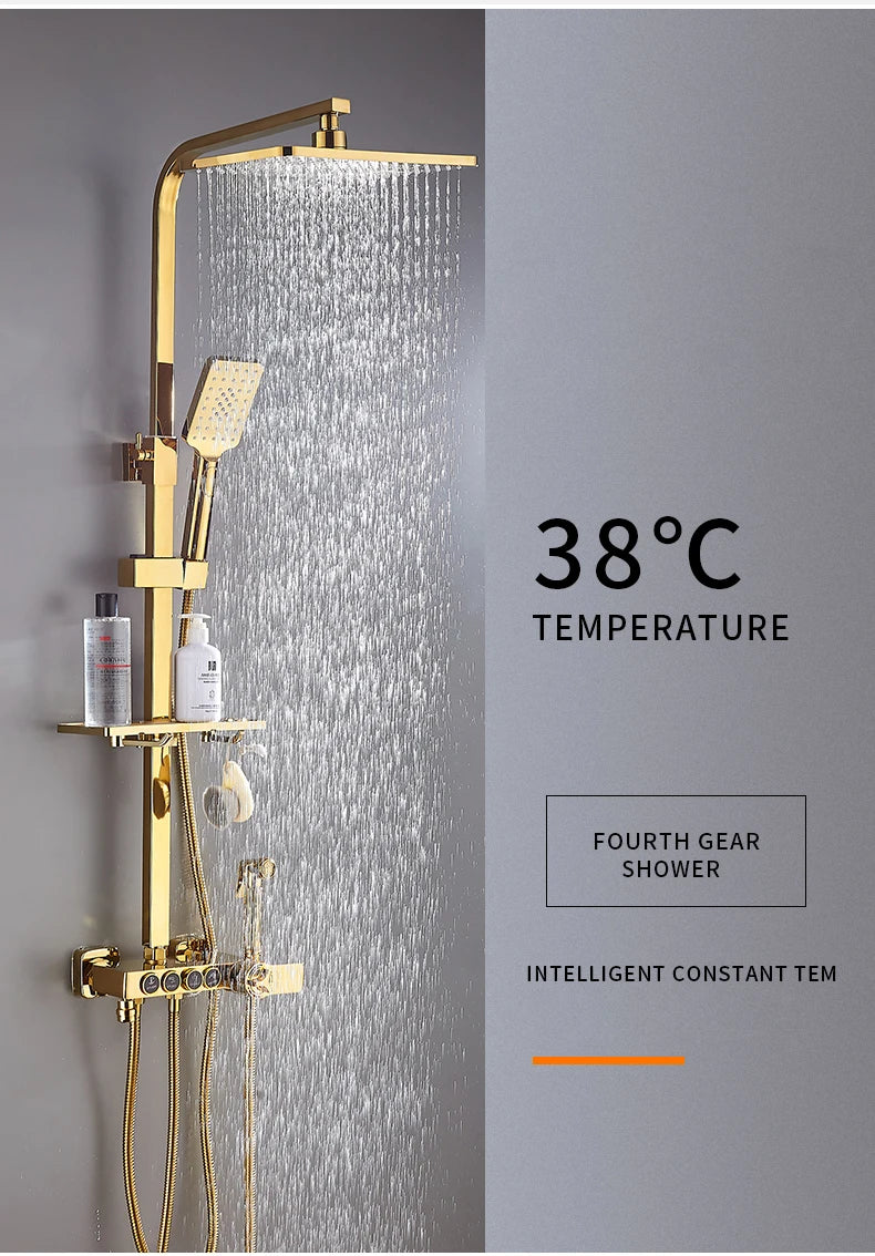 Free Shipping - Brand New 2024-2025 Gold Thermostatic Bathroom Shower Set Hot Cold Bathroom Faucet Accessories 12 Inch Shower Head Golden Bathroom Shower System