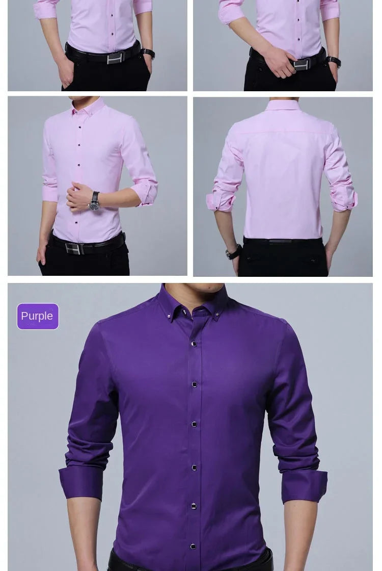 Summer Business Slim Fit White Shirt for Men - British Casual Tooling Style with Three Buttons Men's Long Sleeve Shirts