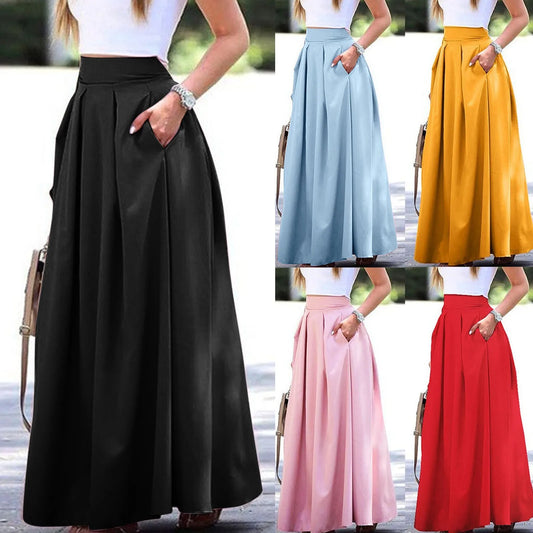 Women's Large Solid Women Satin Silk Long Skirts Cotton Solid Elegant Loose Sundress Femme Elastic Waist Oversized Casual Dresse