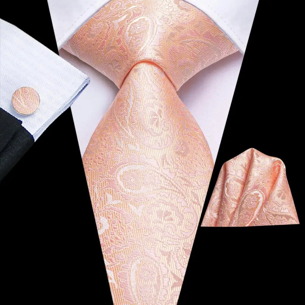 Hi-Tie Solid Green Orange Mens Fashion Necktie Handkerchief Cufflinks for Tuxedo Accessory Classic Silk Luxury Tie for Man Gift