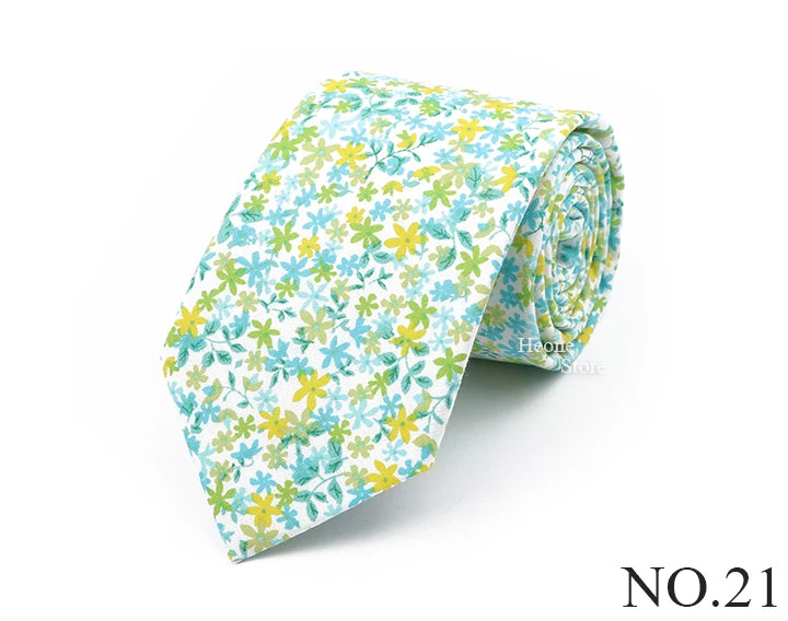 New Chic Floral Tie For Men 2025 100% Cotton Beautiful Elegant Flower Necktie White Blue Narrow Skinny Wedding Casual Cravat