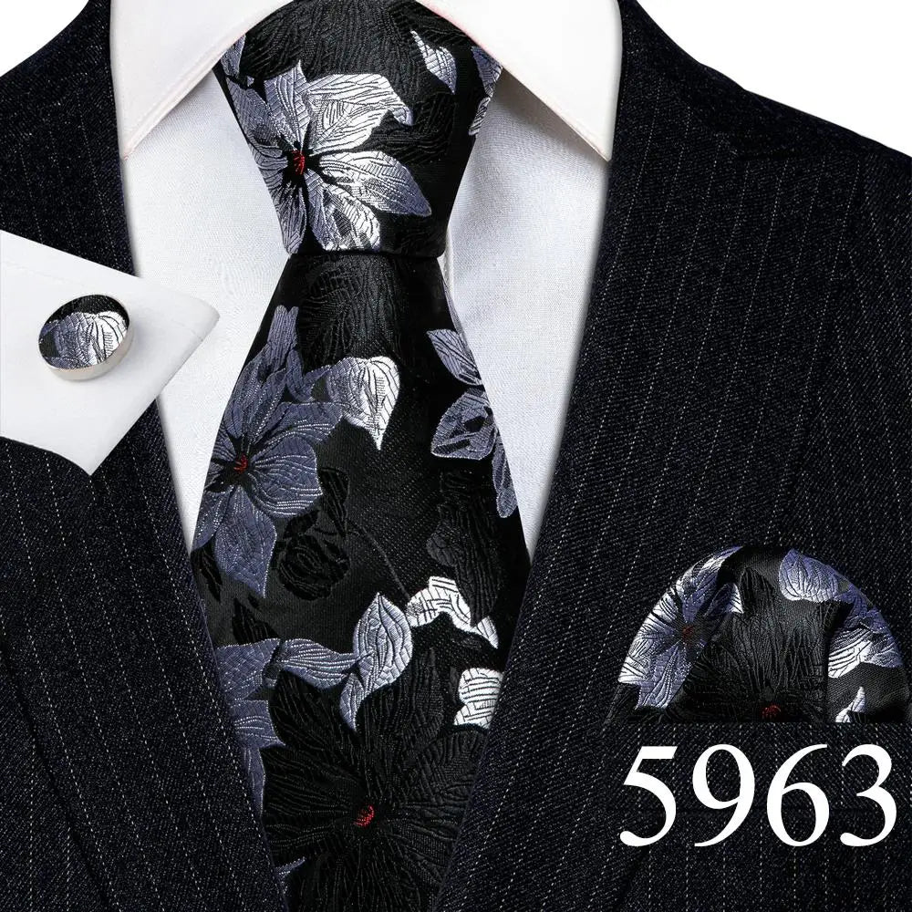 Fashion Mens Ties Set Silk Gray Black Silver White Striped Plaid Solid Paisley Floral Neck Tie Hankderchief Cufflinks Barry·Wang
