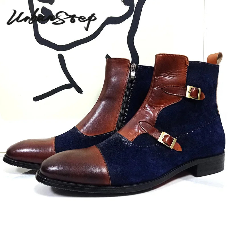 Big Big Big SALES IS ON NOW LUXURY MEN'S BOOTS HIGH ZIPPER ANKLE BOOTS STRAP BCKLE CASUAL MENS DRESS SHOES BLUE MIX BROWN GENUINE LEATHER BOOTS MEN