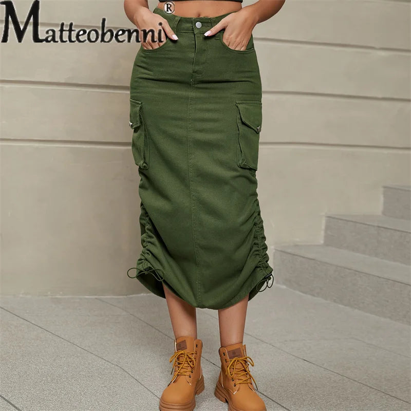 2024 Vintage Draw Pleat Half-body Dress Women Casual Trend Pocket Splicing Button Denim Overalls Skirt Female Clothes Streetwear