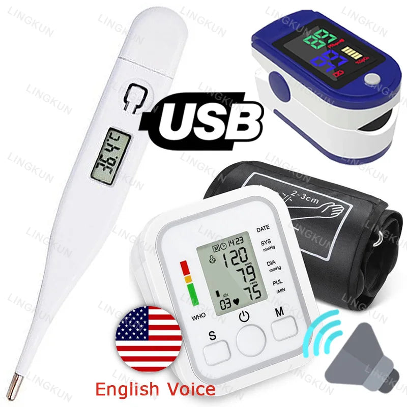 English Voice Digital Arm Blood Pressure Cuff Sensor Monitor BP Automatic Pressure Tonometer Tensiometer Heart Rate Pulse Meter