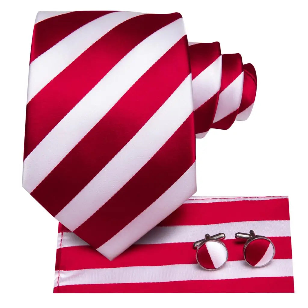 Hi-Tie White Black Red Striped Novelty Tie For Men Silk Wedding Tie Gravat Hanky Cufflink Fashion Design Business