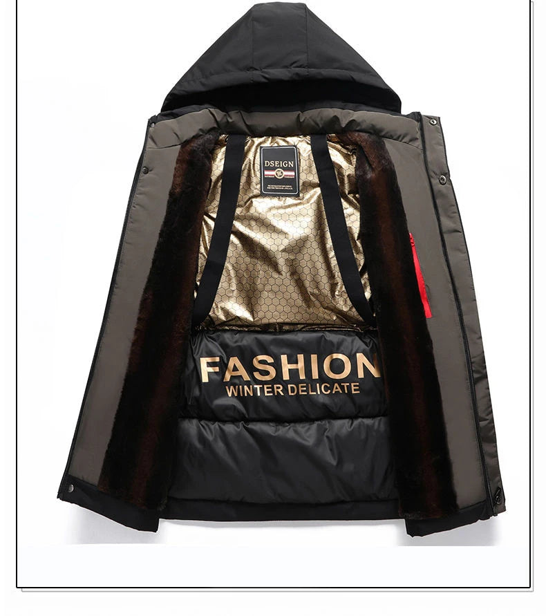 Men Winter  2025-2026 Thick Warm Parka Coat Fleece Inside Male Solid Color Hooded Thick Jacket  Men's Middle Long Coat Size