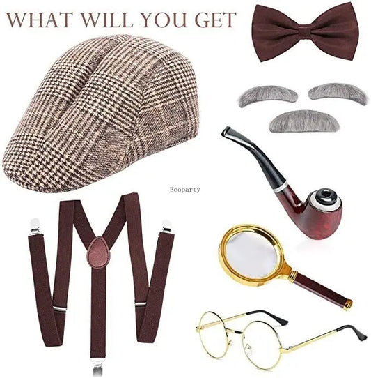 1920s Men Fancy Dress Costume Sets Detective Accessories with Hat Adult Detective Hat Man Inspector Costume Set for Halloween