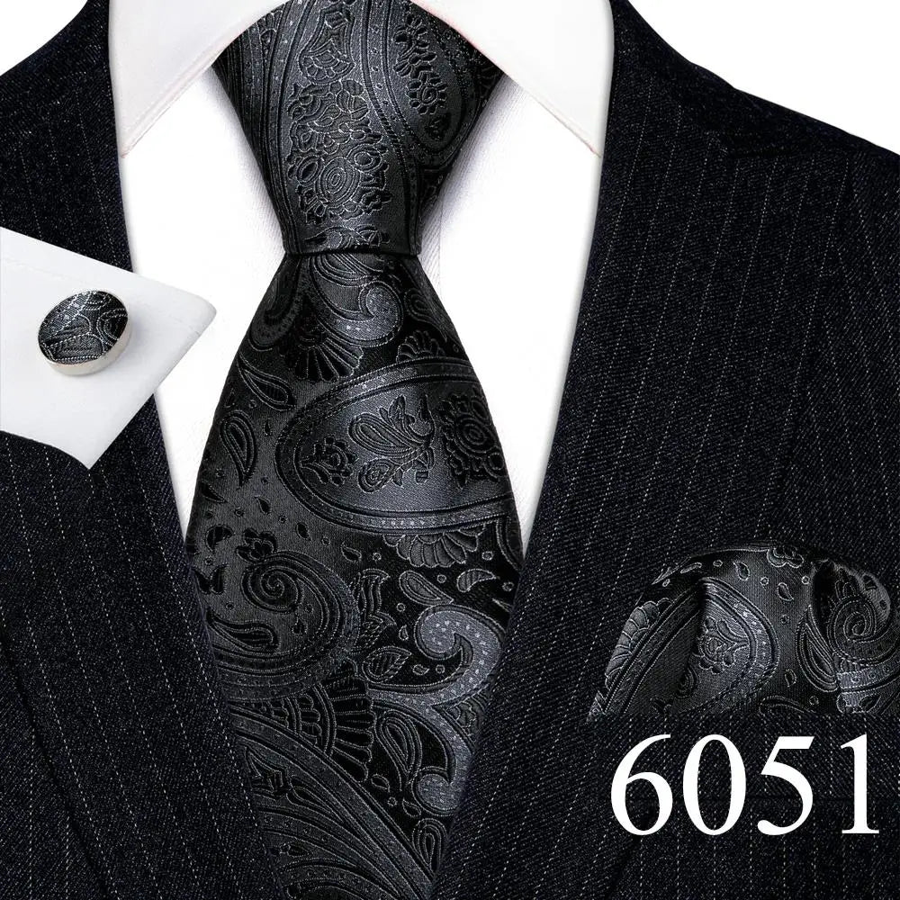Fashion Mens Ties Set Silk Gray Black Silver White Striped Plaid Solid Paisley Floral Neck Tie Hankderchief Cufflinks Barry·Wang
