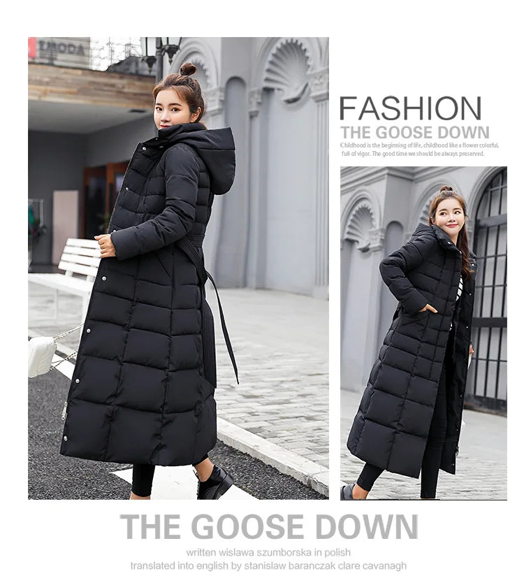 New 2024 - 2025 X-Long Down Jacket Women Casual Thick Warm Padded Coat Winter Loose Solid Hooded Parkas Lady Korean Fashion Solid Long Overcoa