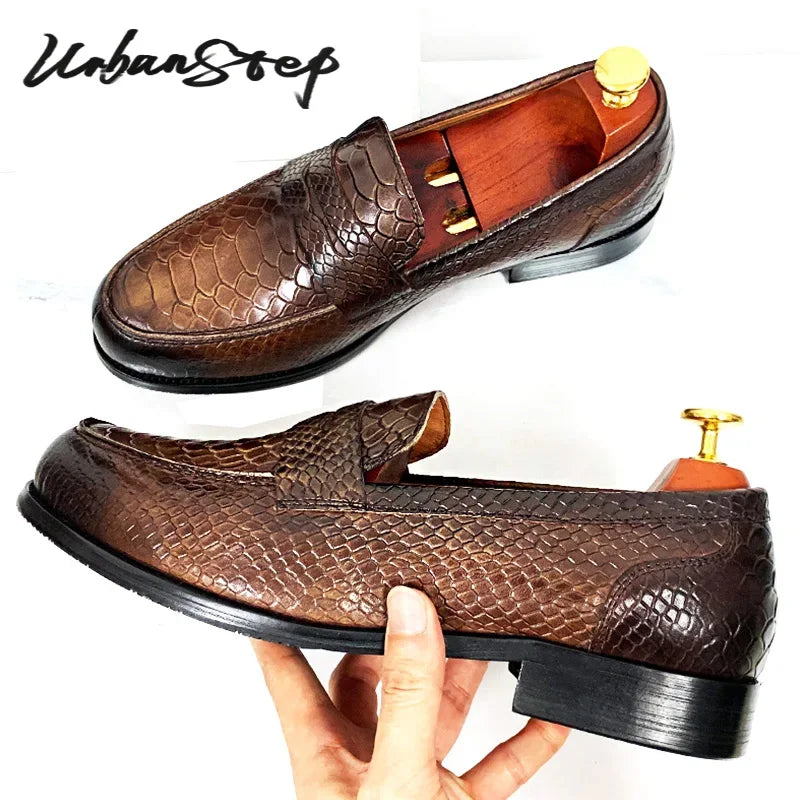 LUXURY MEN LEATHER SHOES BLACK COFFEE SLIP ON SNAKE PRINT DRESS MEN'S CASUAL SHOES WEDDING OFFICE BANQUET Loafers Shoes For Men