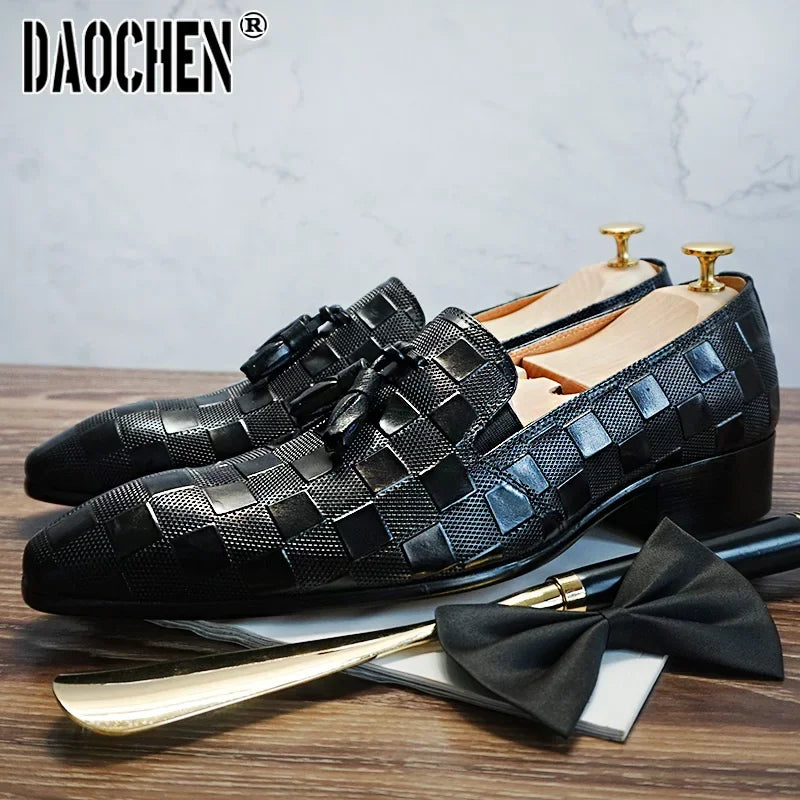 Italian Men Loafers Shoes Black Brown Mens Dress Casual Shoes Plaid Prints Slip On Wedding Office Leather Shoes For Men