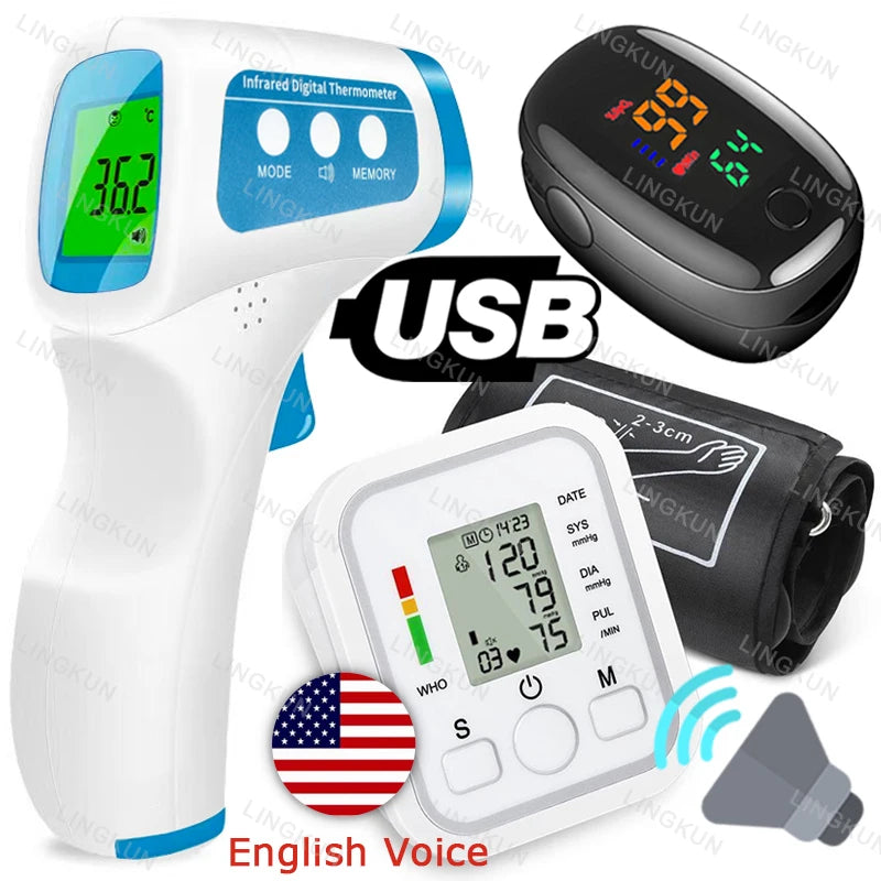 English Voice Digital Arm Blood Pressure Cuff Sensor Monitor BP Automatic Pressure Tonometer Tensiometer Heart Rate Pulse Meter