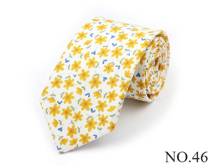 New Chic Floral Tie For Men 2025 100% Cotton Beautiful Elegant Flower Necktie White Blue Narrow Skinny Wedding Casual Cravat