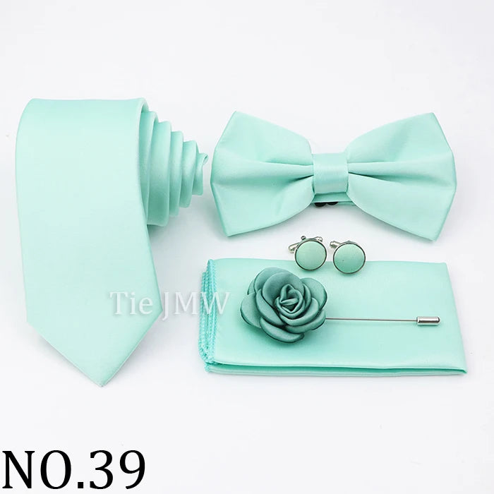 Hot Sale Pink Purple Sage Green Tie Set Polyester Necktie Bowtie Cufflink Brooch For Groom Suit Wedding Cravat Shirt Accessory