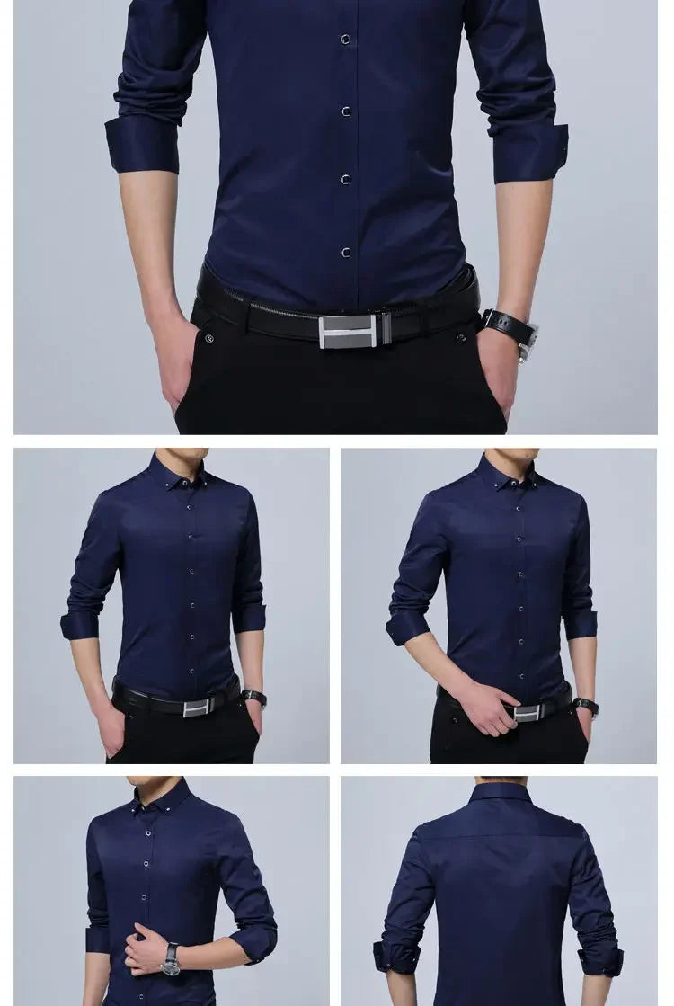 Summer Business Slim Fit White Shirt for Men - British Casual Tooling Style with Three Buttons Men's Long Sleeve Shirts