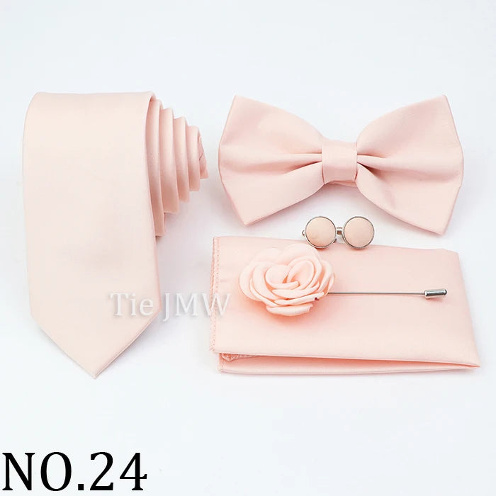 Hot Sale Pink Purple Sage Green Tie Set Polyester Necktie Bowtie Cufflink Brooch For Groom Suit Wedding Cravat Shirt Accessory