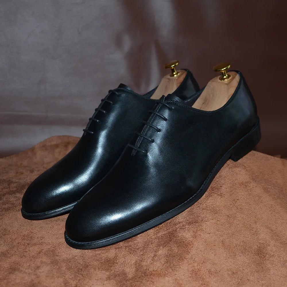 Brand Designer Whole Cut Oxford Dress Shoes Men Genuine Leather Handmade Lace Up Plain Toe Business Office Formal Wedding Shoe