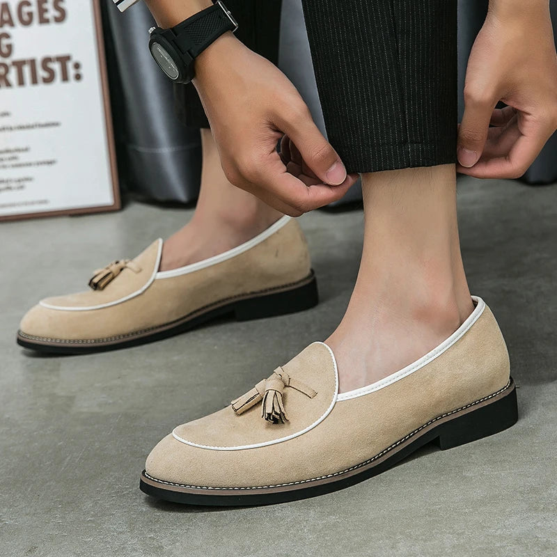 Italian Luxury Brand Suede Men's Tassel Design Loafers Slip-on Handmade High Quality Nubuck Leather Shoes Pointed Toe Thick Sole