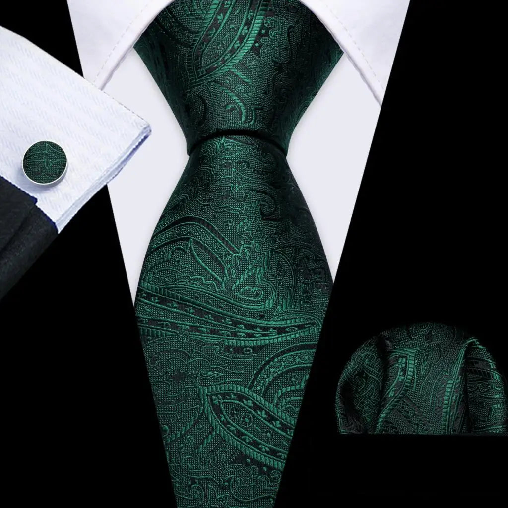 Fashion Silk Men Tie Green Teal Blue Solid Paisley Striped Plaid Floral Animal Necktie Handkerchief Cufflinks Set Barry. For Wedding