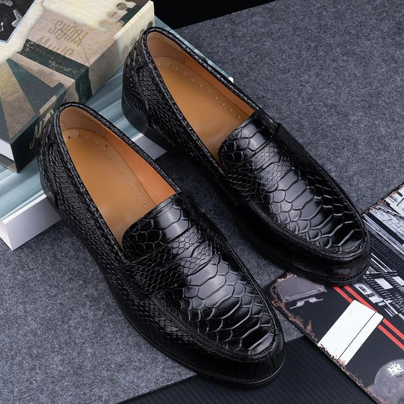 New Collection 2024-2025 Snake Printing Leather Men Shoes Loafers Design Slip on Daily Casual Shoe Genuine Cowhide Handmade Sewing Comfortable Dress Shoe