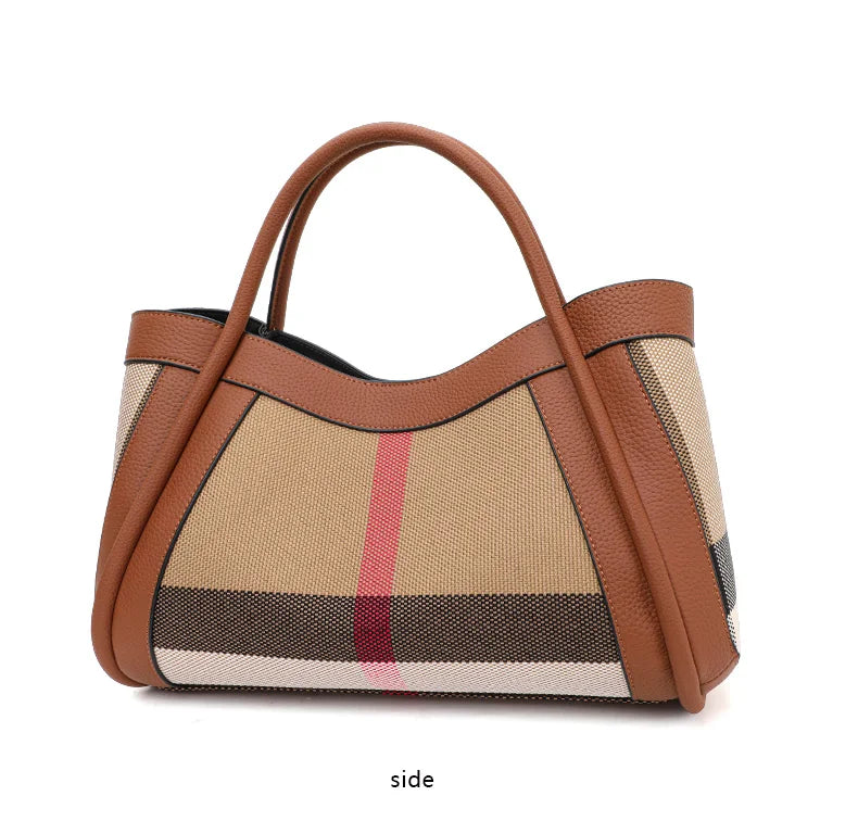 NEW 2024-2025 New Retro Checkered Women's Handbag Fashionable and Advanced Large Capacity Canvas with Cowhide Mother and Child Bag