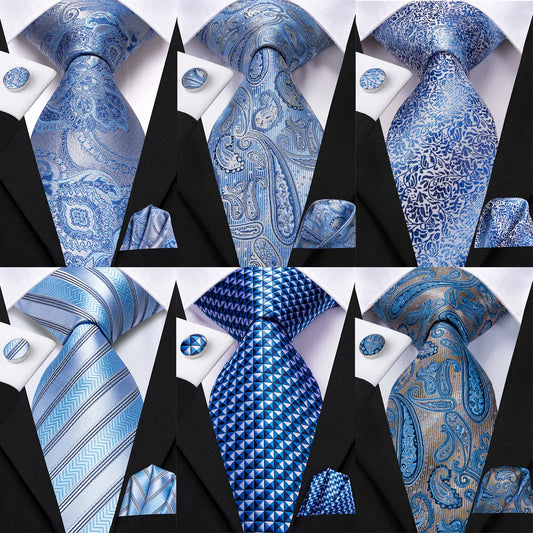 Brand New 2025 Hi-Tie Light Blue Striped Novelty Silk Wedding Tie For Men Handky Cufflinks Nicktie Set Fashion Design Business Party