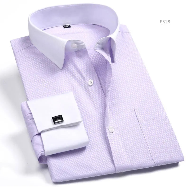 Brand NEW 2024-2025 Fashion Mens French Cufflinks Dress Shirts Long Sleeve Yellow White Blue Social Business Regular Fit Wedding Party Shirt For Man