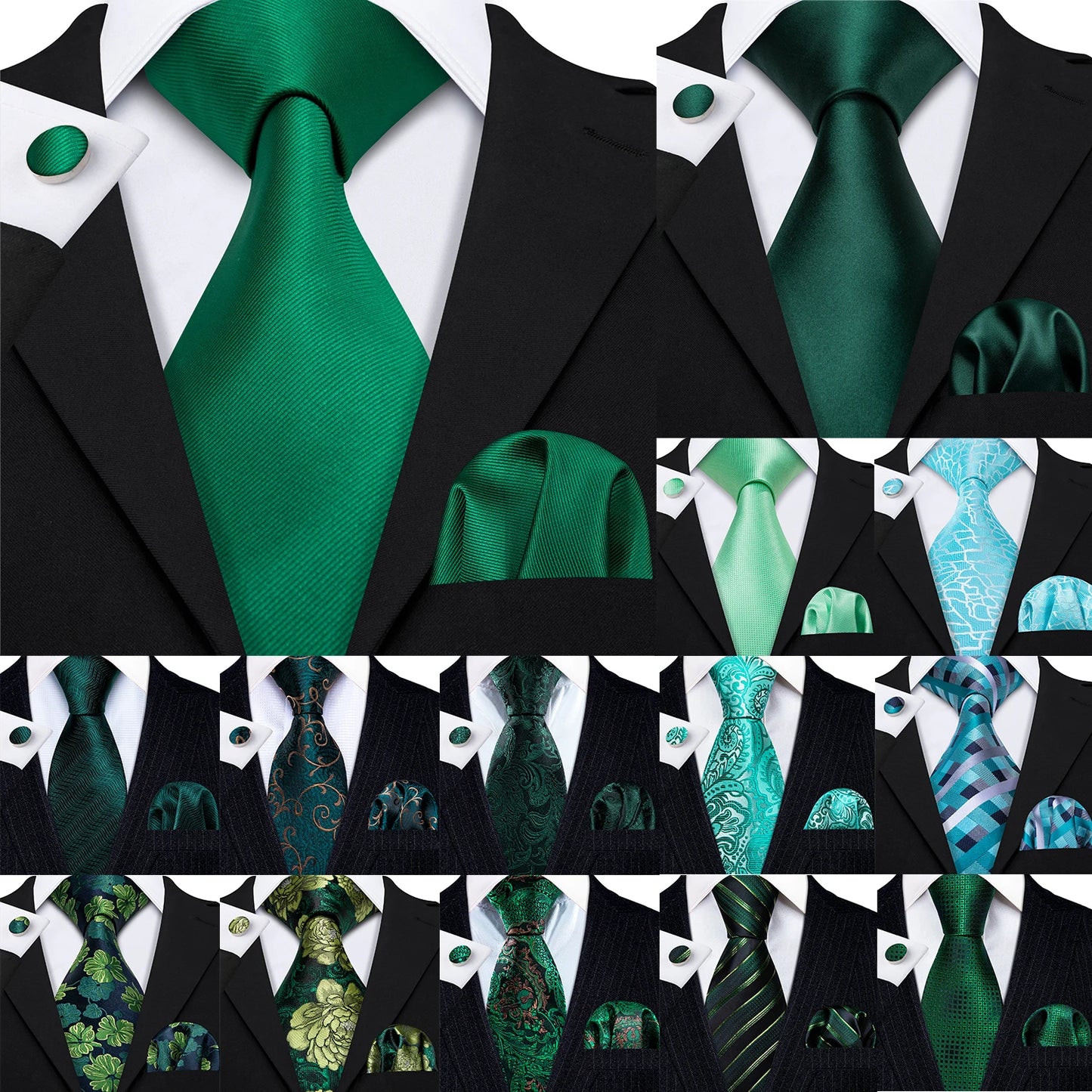 Amazony Epic Green Silk Mens Tie Hanky Cufflinks Set Mint Grass Teal Bottle Sage Pea Green Necktie For Male Wedding Business Party