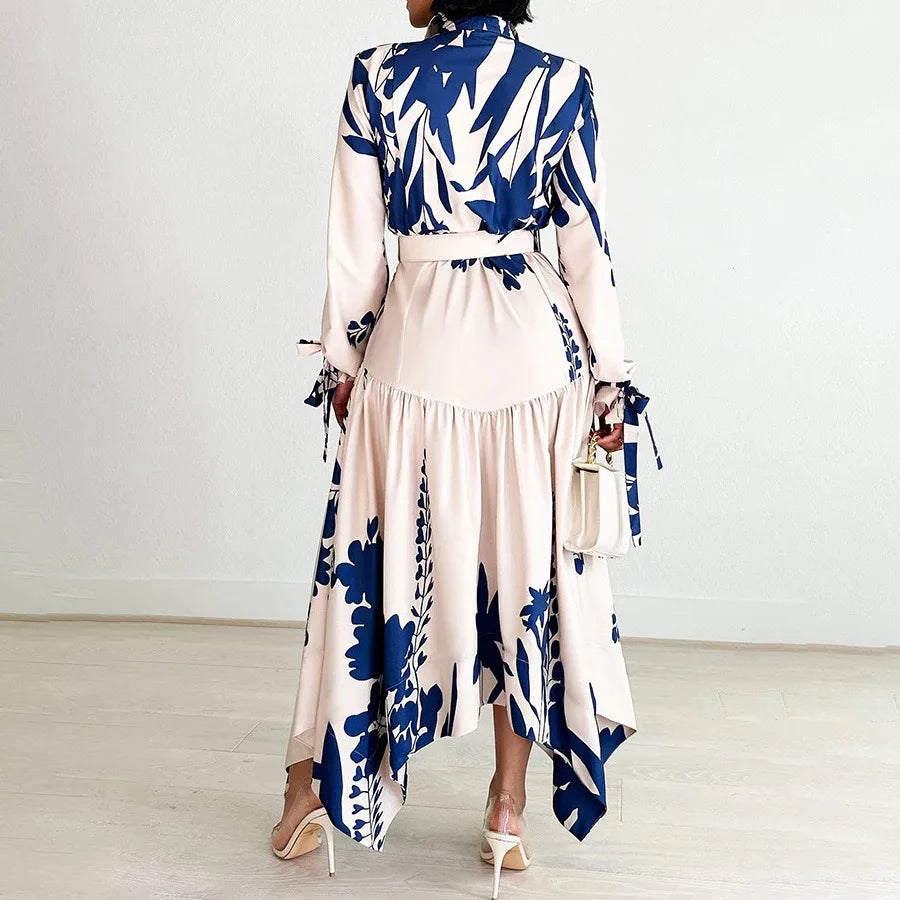 Brand New collections 2024-2025 Elegant Shirts Dresses for Women Printed Turn Down Collar Full Sleeve Belt Waisted Asymmetric Fashion Ladies Birthday Vestidos
