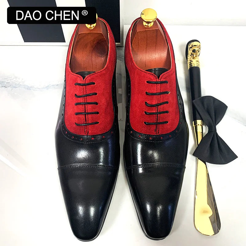 NEW 2024 LUXURY MEN'S OXFORD SHOES LACE UP BLCK MIXED RED SUEDE CASUAL MENS DRESS SHOES REAL LEATHER OFFICE WEDDING SHOES FOR MEN