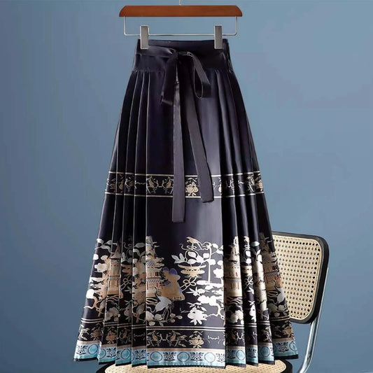 FRENCH Style Skirt High Waist Black Jacquard Pleated Bandage Elegant Half-body Skirt Women Fashion Tide New Horse Face Skirt