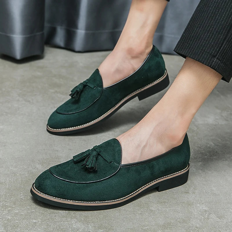 Italian Luxury Brand Suede Men's Tassel Design Loafers Slip-on Handmade High Quality Nubuck Leather Shoes Pointed Toe Thick Sole