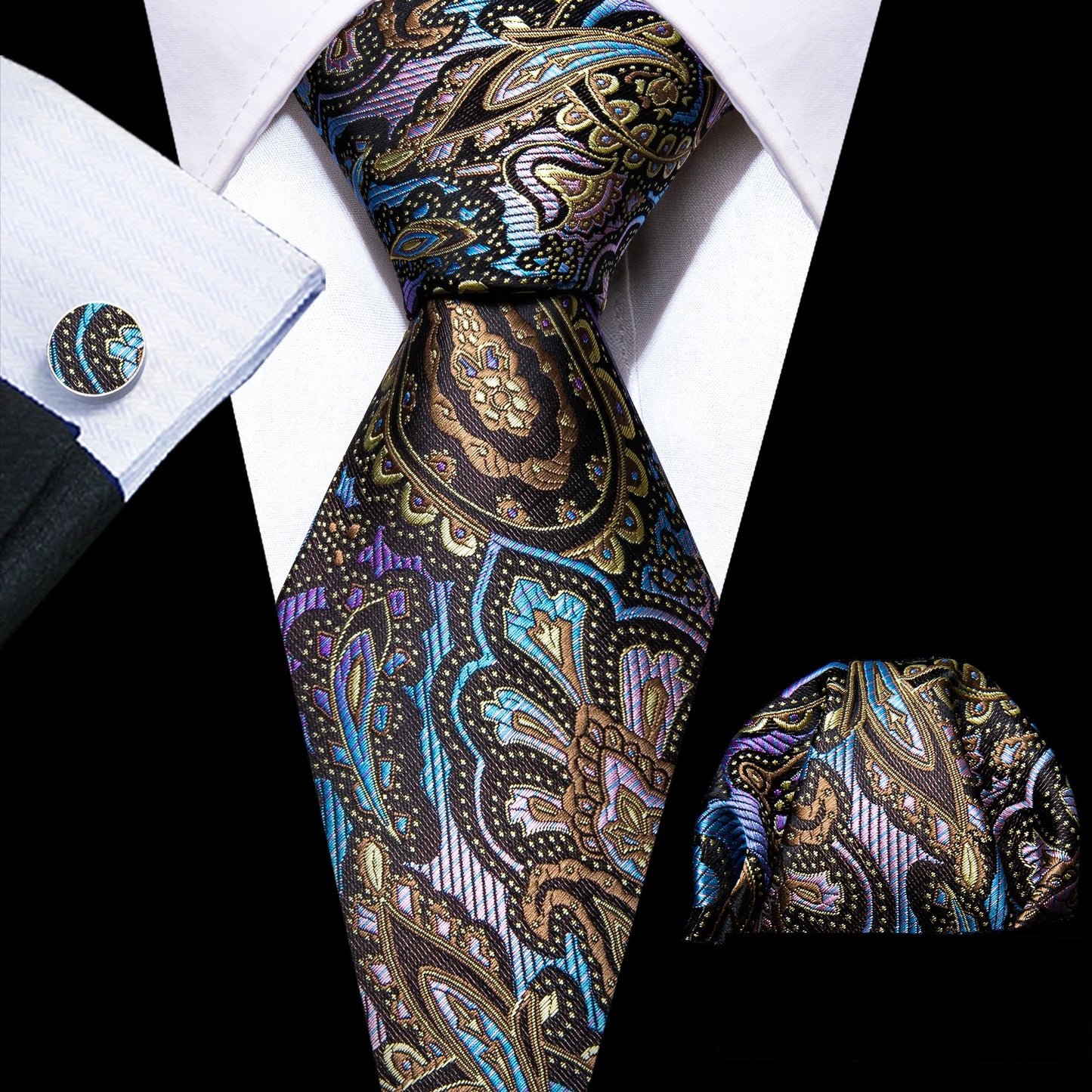 Fashion Silk Men Tie Green Teal Blue Solid Paisley Striped Plaid Floral Animal Necktie Handkerchief Cufflinks Set Barry. For Wedding