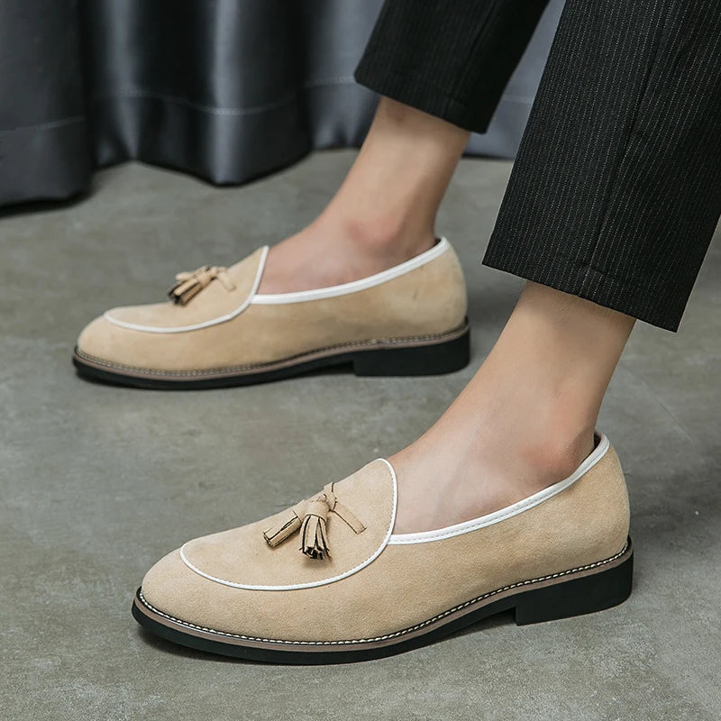 Italian Luxury Brand Suede Men's Tassel Design Loafers Slip-on Handmade High Quality Nubuck Leather Shoes Pointed Toe Thick Sole