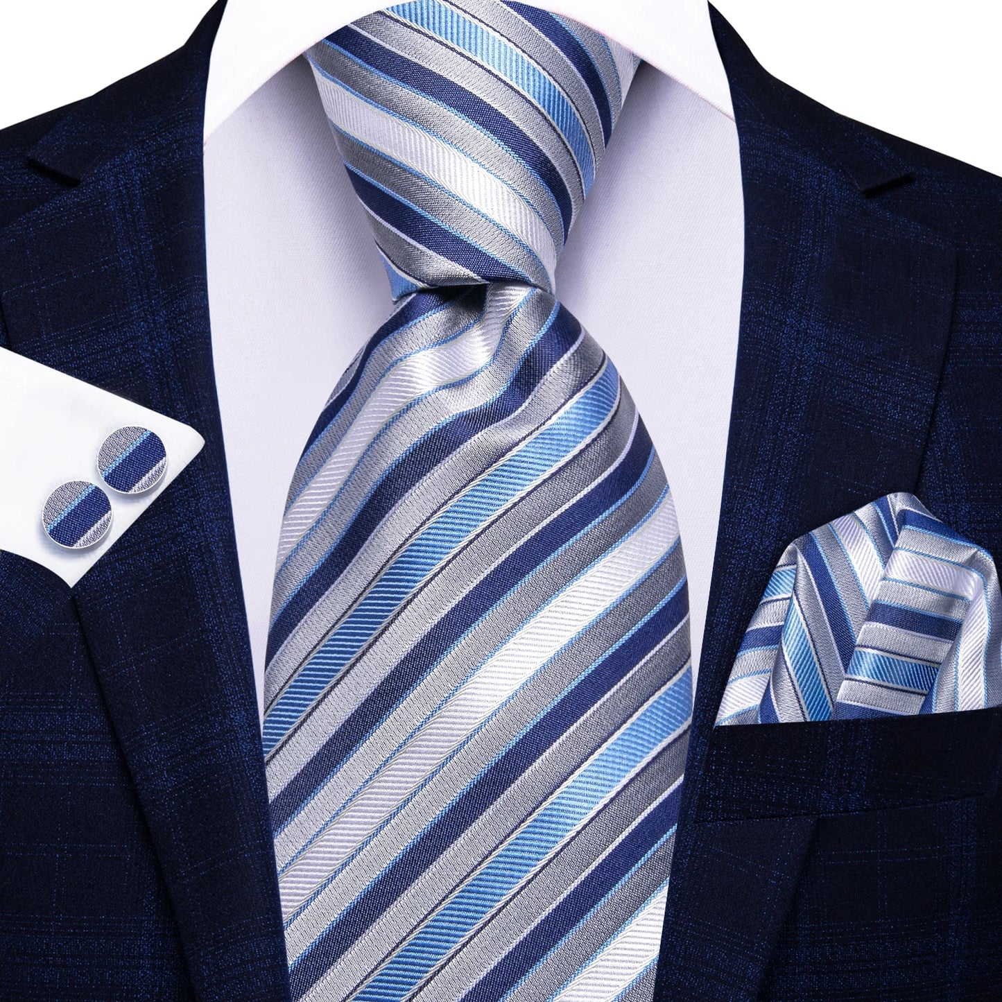 Brand New 2025 Hi-Tie Light Blue Striped Business Mens Tie 8.5cm Jacquard Necktie Accessorie Daily Wear Cravat Wedding Party Hanky Cufflink Set
