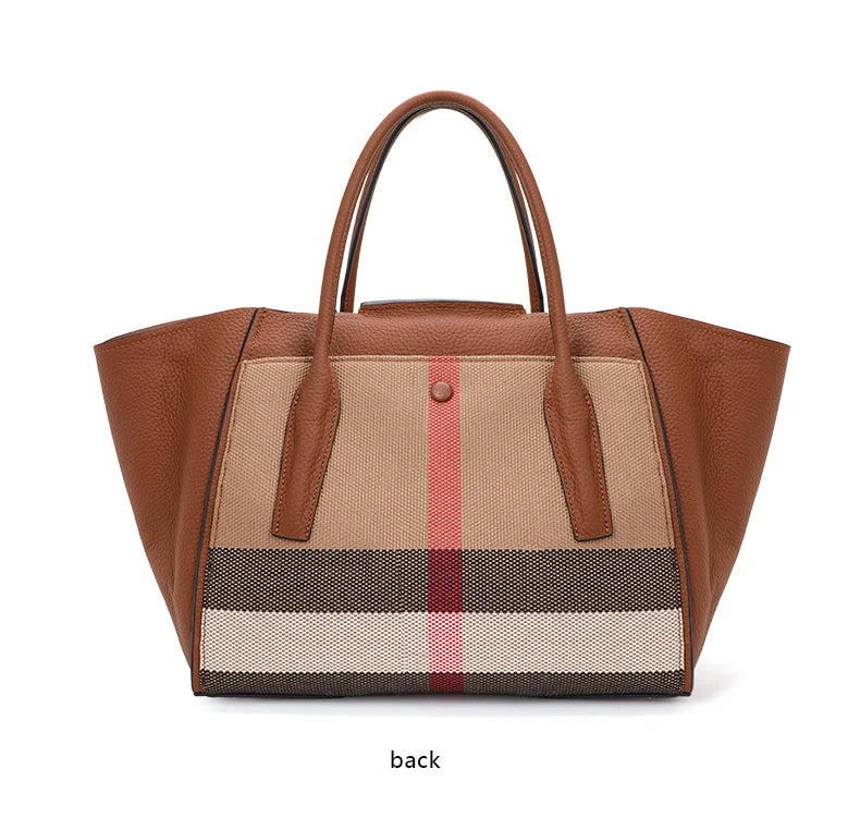 New 2024-2025 Checkered women's handbag 2024 fashionable canvas genuine leather bag large capacity multifunctional cowhide wing bag
