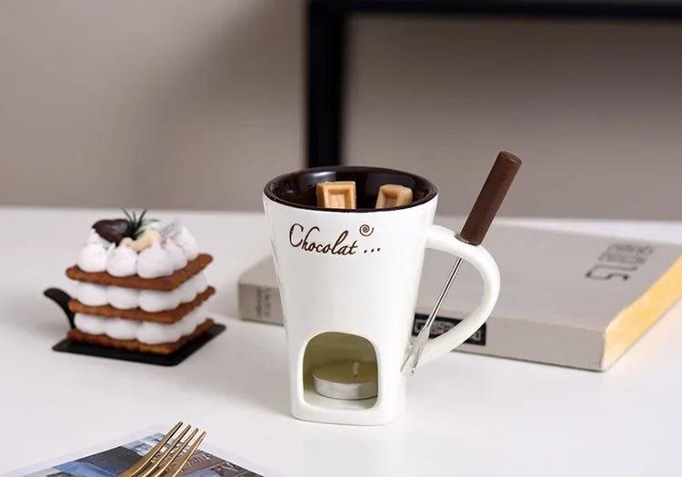 Ceramic Chocolate Cup European Candle Cup Cheese Chocolate Melting Ceramic Mug Heating Food Ceramic Mugwith Fork Creative Mugs