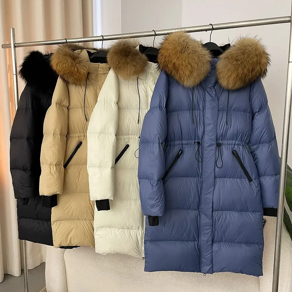 2024 - 2025 Winter New White Duck Down Real Fox Fur Real Raccoon Fur Long Hooded Coat Women Slim Warm Jacket Female Casual Fashion