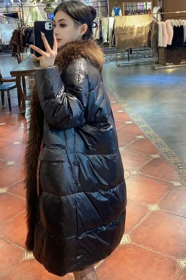 2024 - 2025  New Natural Real Fox Fur Long White Duck Down Jacket Winter Women Warm Loose Coat Thick Outerwear Streetwear