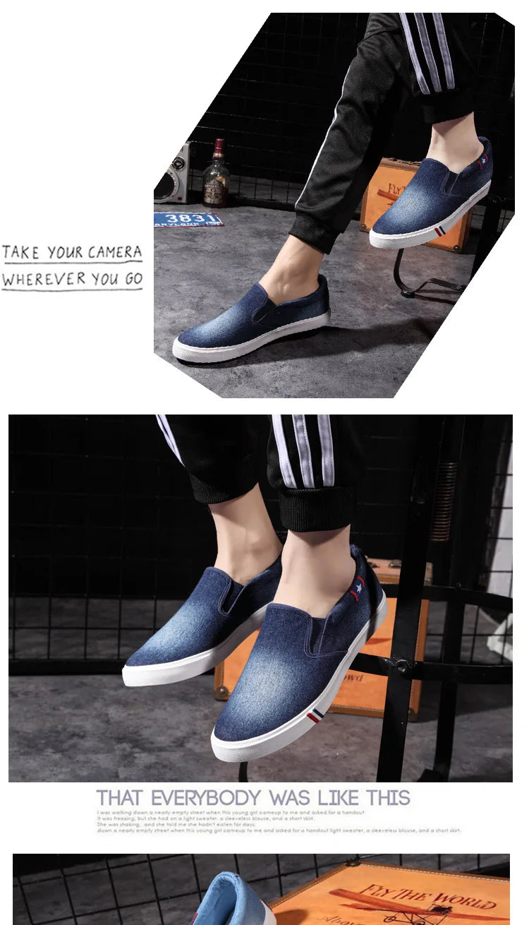 Denim Men's Canvas Shoes Slip-On Sneakers Male Flats Breathable Loafers for Men 2025 Summer Trainers Light Black Shoes Footwear