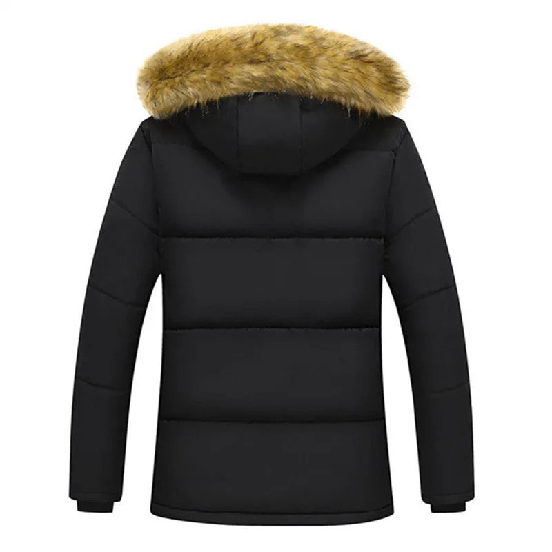 New Men Winter 2025 - 2026 Fleece Jacket Thick Warm Hooded Fur Collar Coat Solid Color Outerwear Mens Clothing Big Sale on now