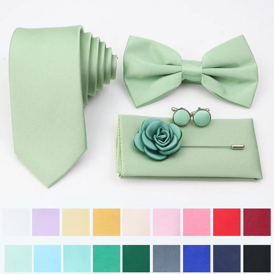 Hot Sale Pink Purple Sage Green Tie Set Polyester Necktie Bowtie Cufflink Brooch For Groom Suit Wedding Cravat Shirt Accessory